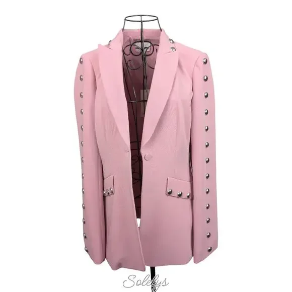 Cinq a Sept Dive Studded Crepe Pink Silver Single Button Blazer Jacket 4 NWT - Picture 8 of 10